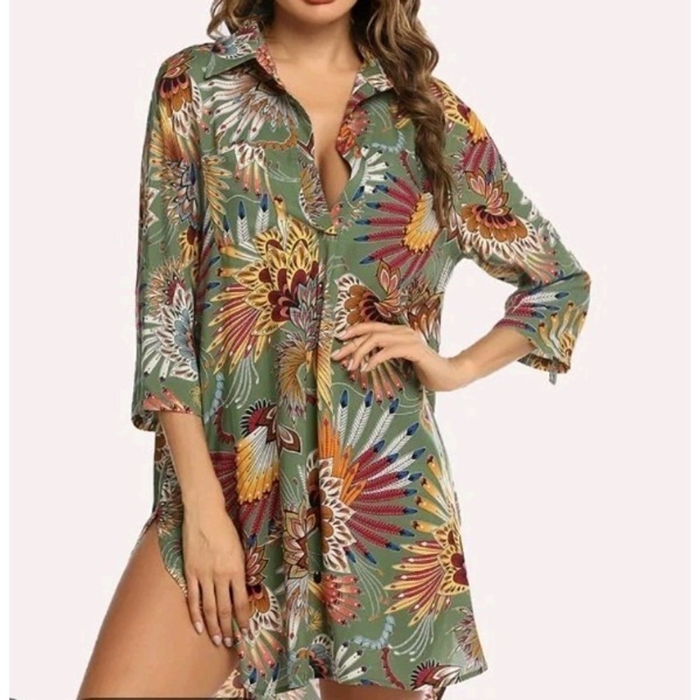 Ekouaer Floral Tunic Top S Boho Rayon Roll Tab Sleeve V Neck Lightweight Blouse